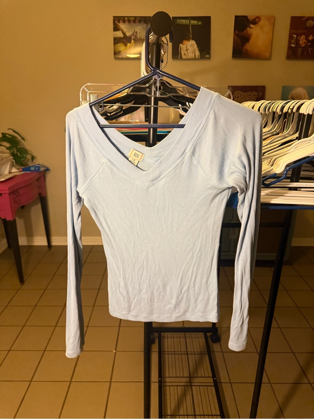 BDG Light Blue V-Neck Long Sleeve Tee